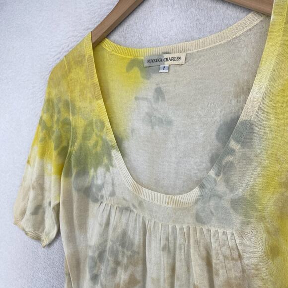 MARIKA CHARLES Sweater 2 Tie Dye Tunic Pleated Scoop Neck Elbow Sleeve Yellow - Picture 2 of 14